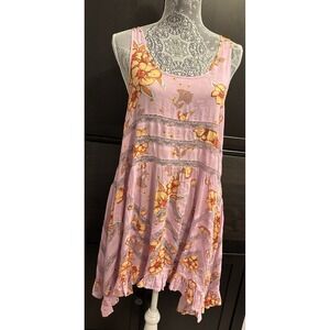 Free People Intimately Voile & Lace Trapeze Pink Floral Boho Slip Dress SP